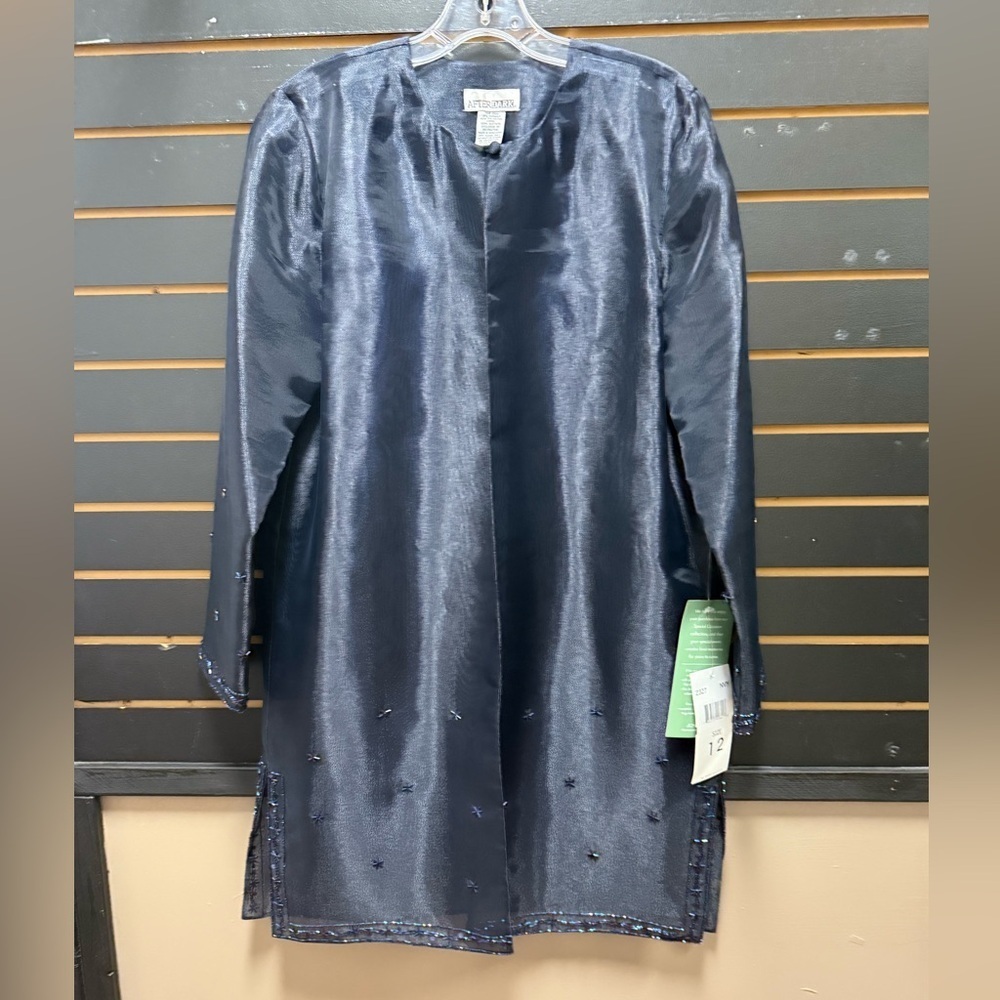 After Dark Navy Sheer Beaded Formal Jacket Topper Size 12 NWT